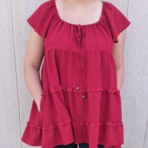Women's Rustic Country Red Ruffle Top With Pockets